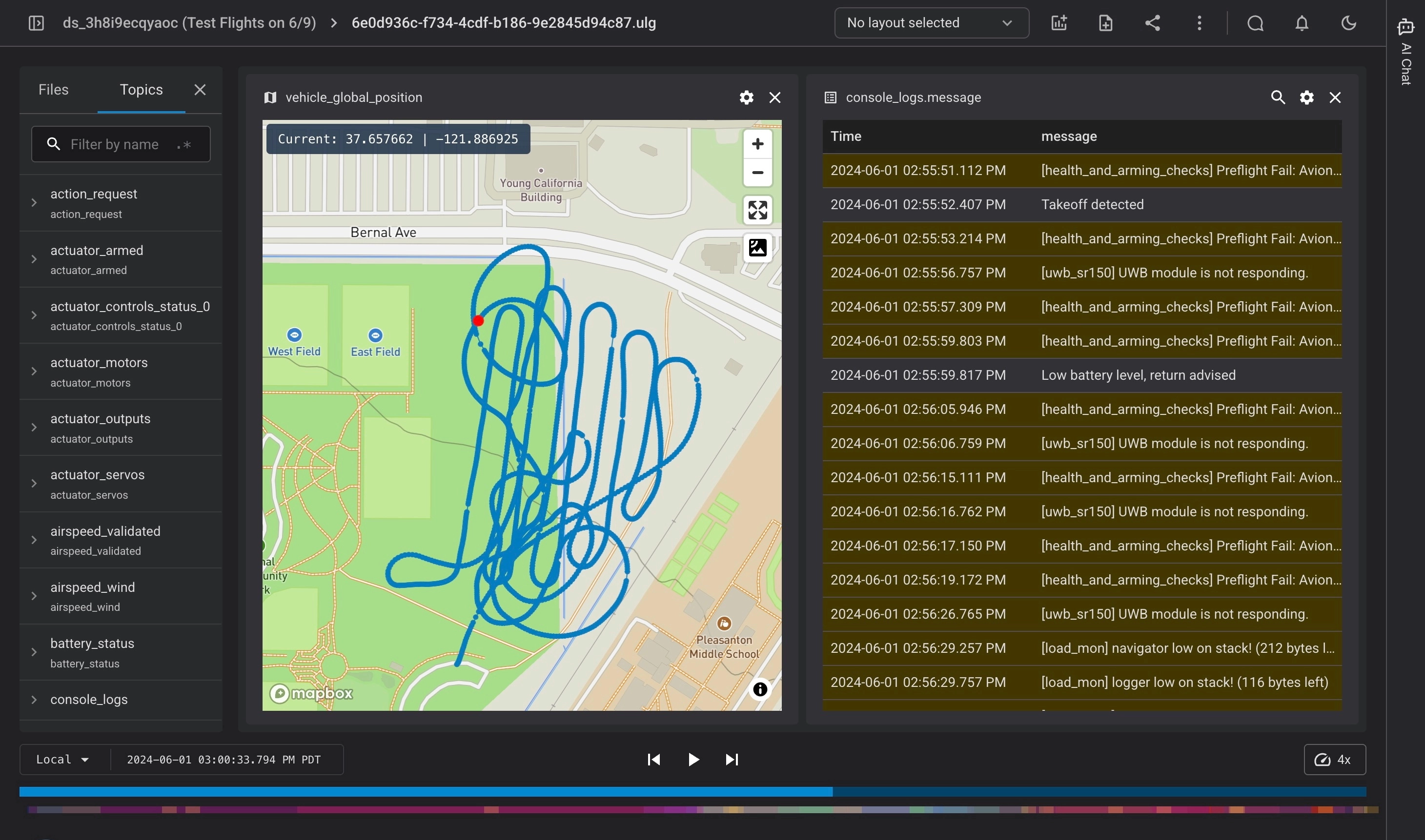 Roboto visualizer showing a PX4 drone flight: vehicle global position on a map next to time-synced console logs and topic list