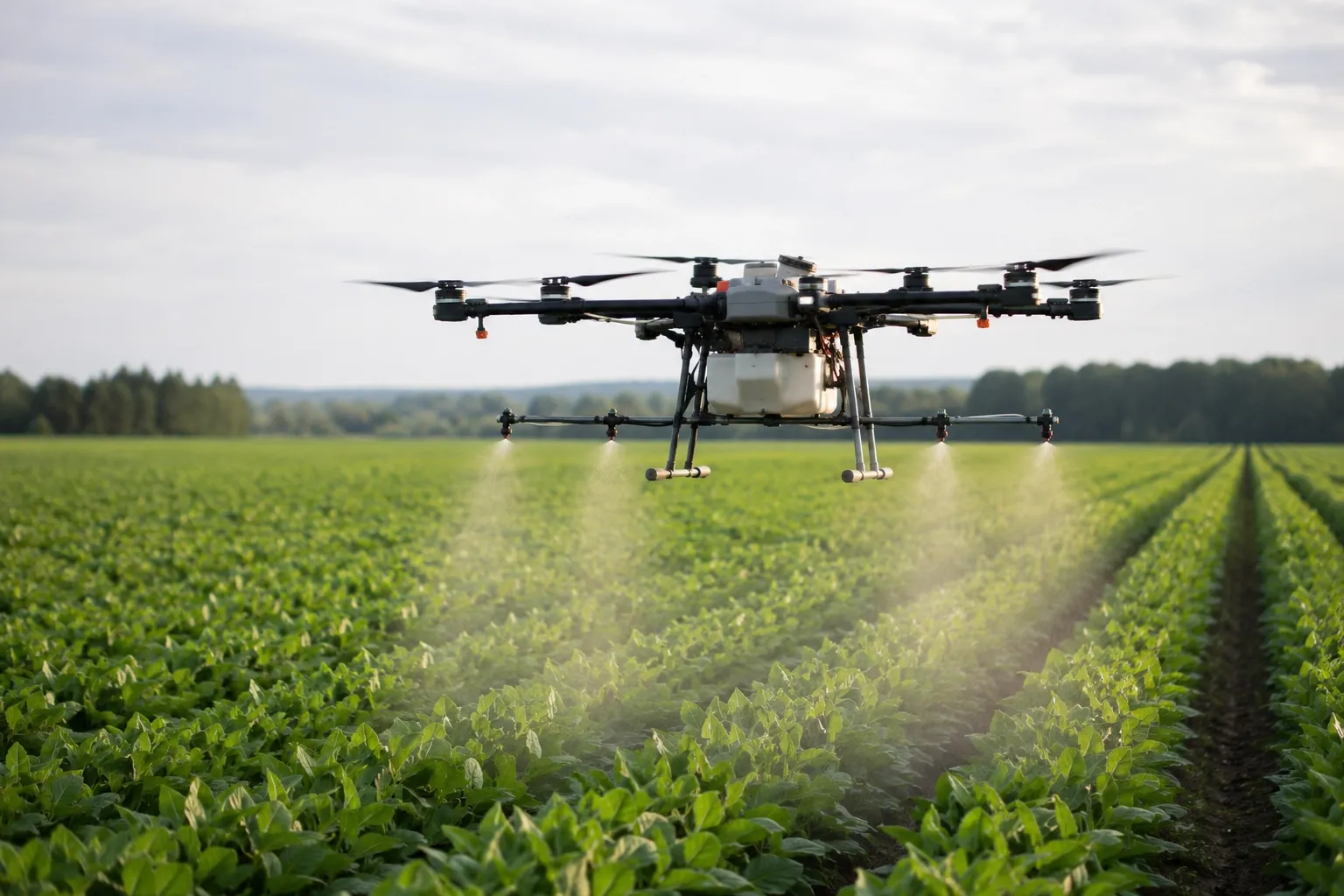 Agricultural drone spraying a crop field