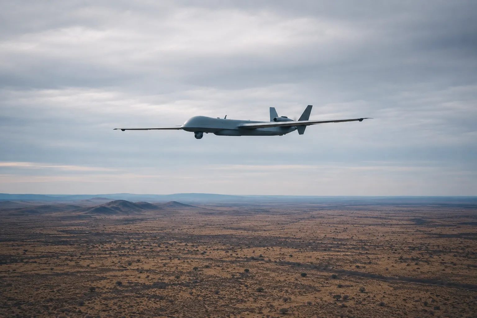 Fixed-wing defense drone in flight over desert terrain