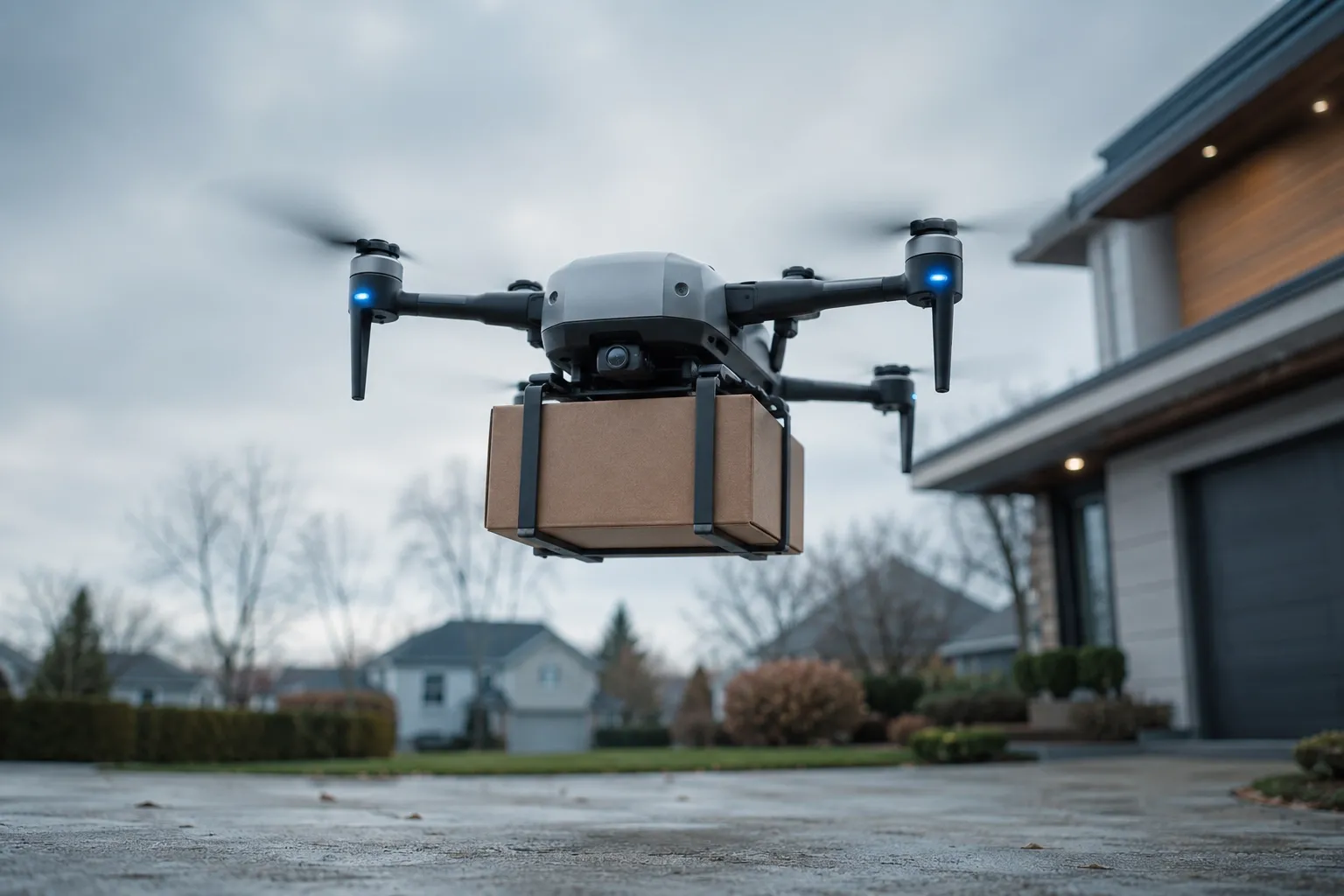 Delivery drone carrying a package above a driveway