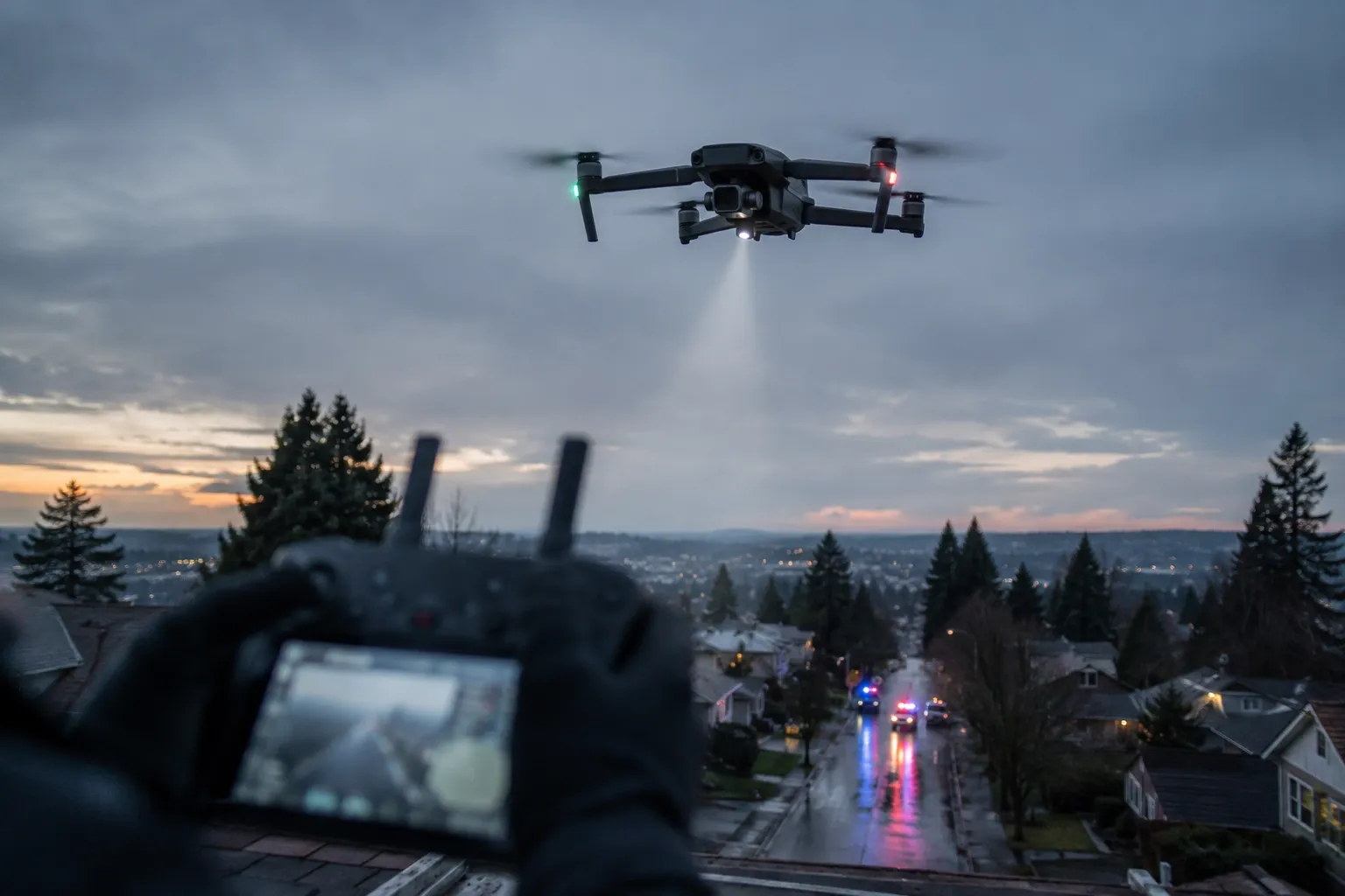 First responder drone over a residential street at dusk