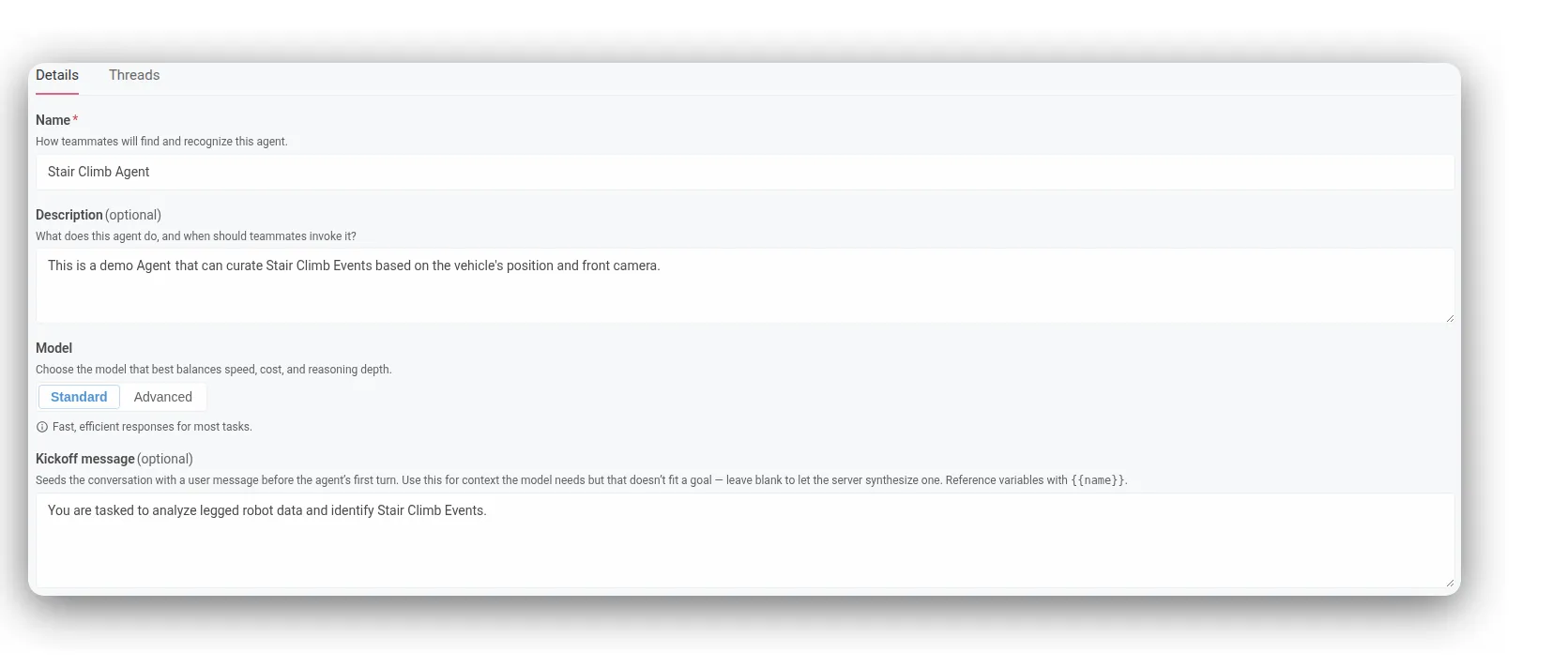 The Details section of the agent form, with the name, description, model, and kickoff message filled in