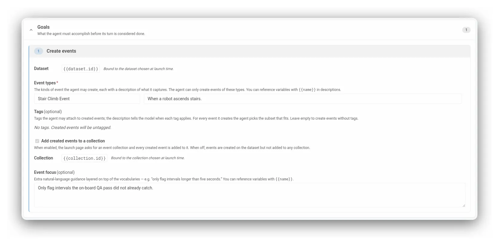 The Goals section of the agent form, showing a Create events goal with a Stair Climb Event type, bound to dataset and collection variables