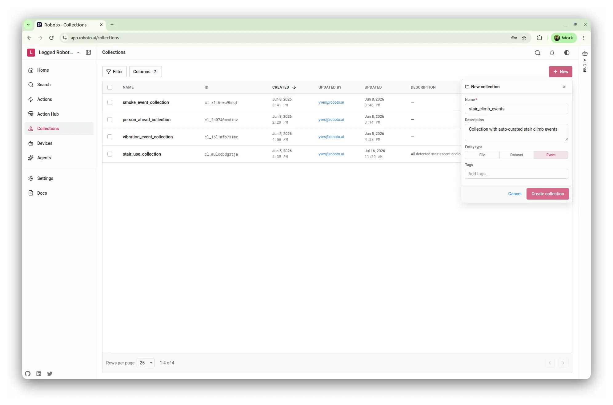 The New collection dialog on the Collections page, creating an empty Event collection named stair_climb_collection