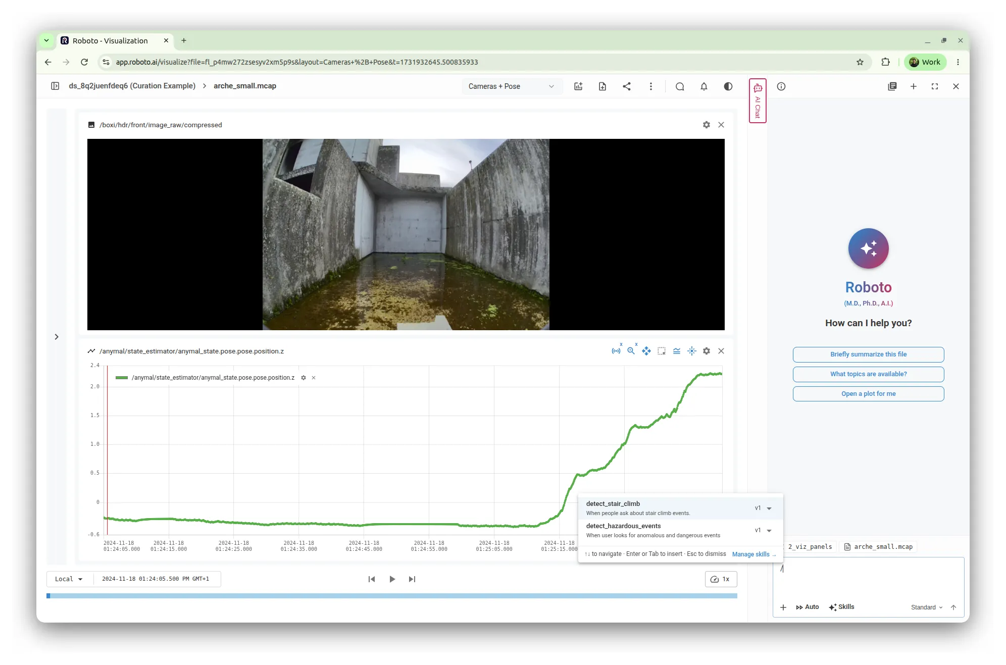The visualizer showing the front camera and elevation plot for arche_small.mcap, with the AI Chat panel open and the skill picker showing detect_stair_climb after typing “/”