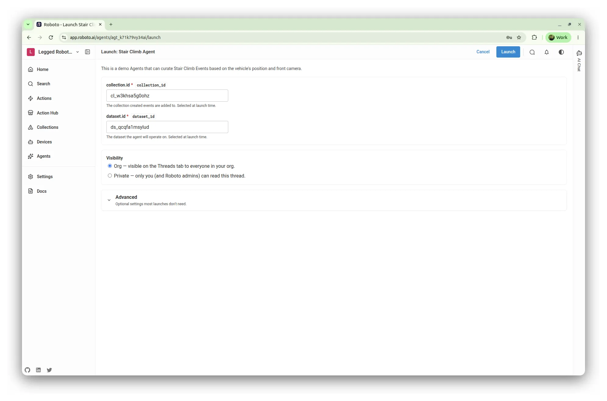 The agent launch form with the collection.id and dataset.id variables filled in