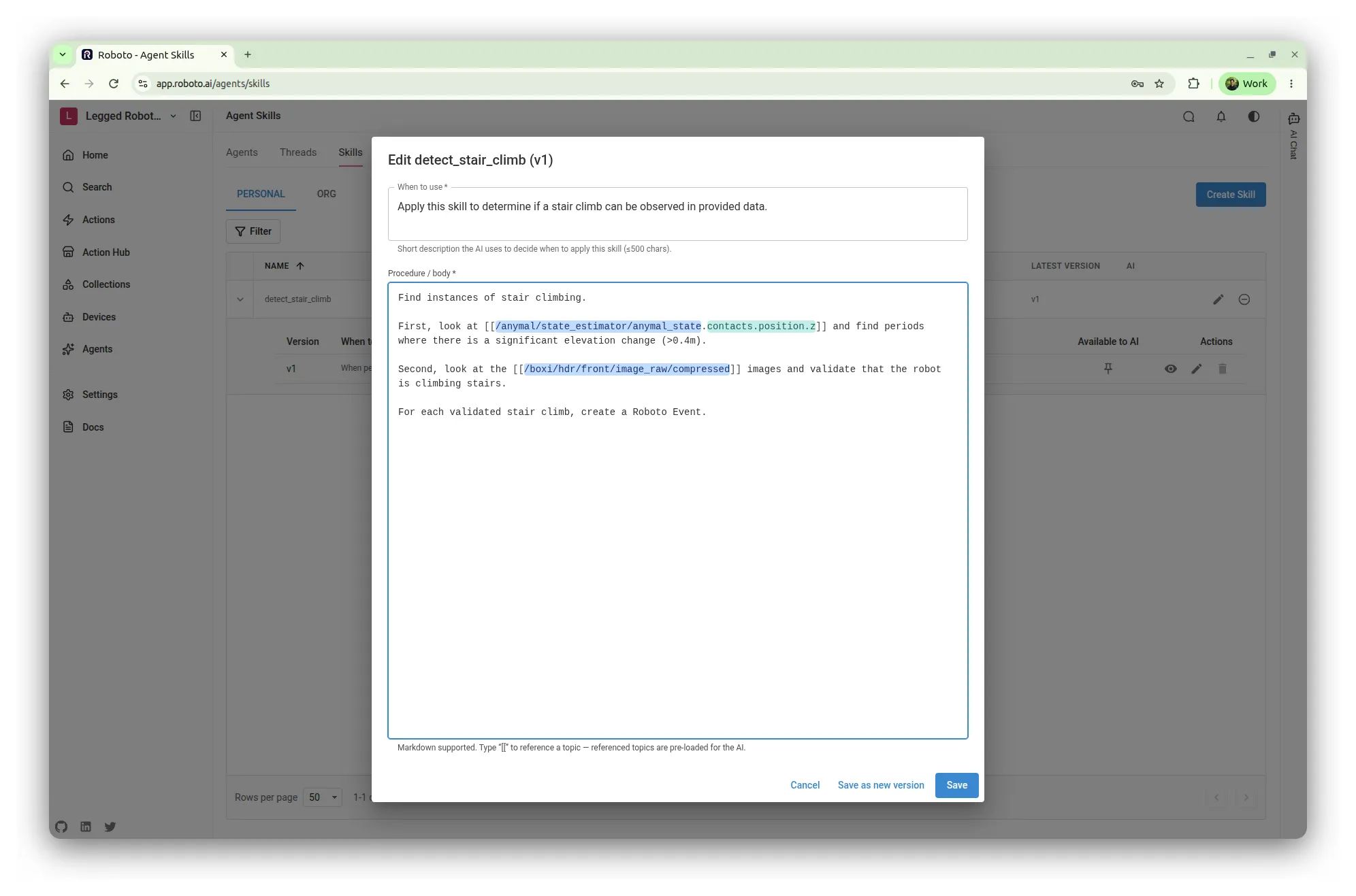 The Skill editor showing the detect_stair_climb skill, with a “when to use” description and a procedure that references the state estimator and front camera topics