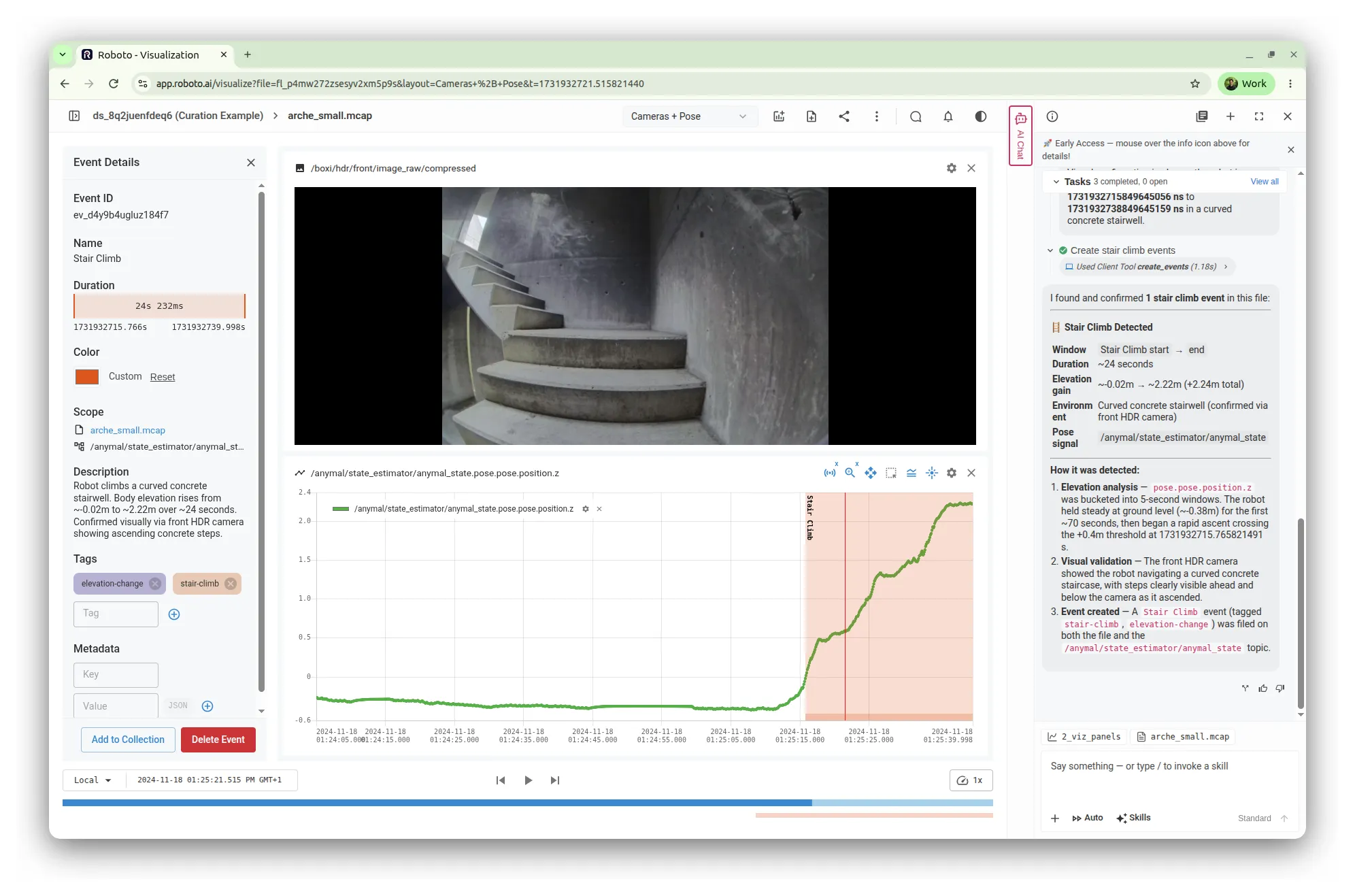 The visualizer after the skill has run, showing a Stair Climb Event highlighted on the elevation plot, the event details panel, and the AI’s explanation of how the event was detected