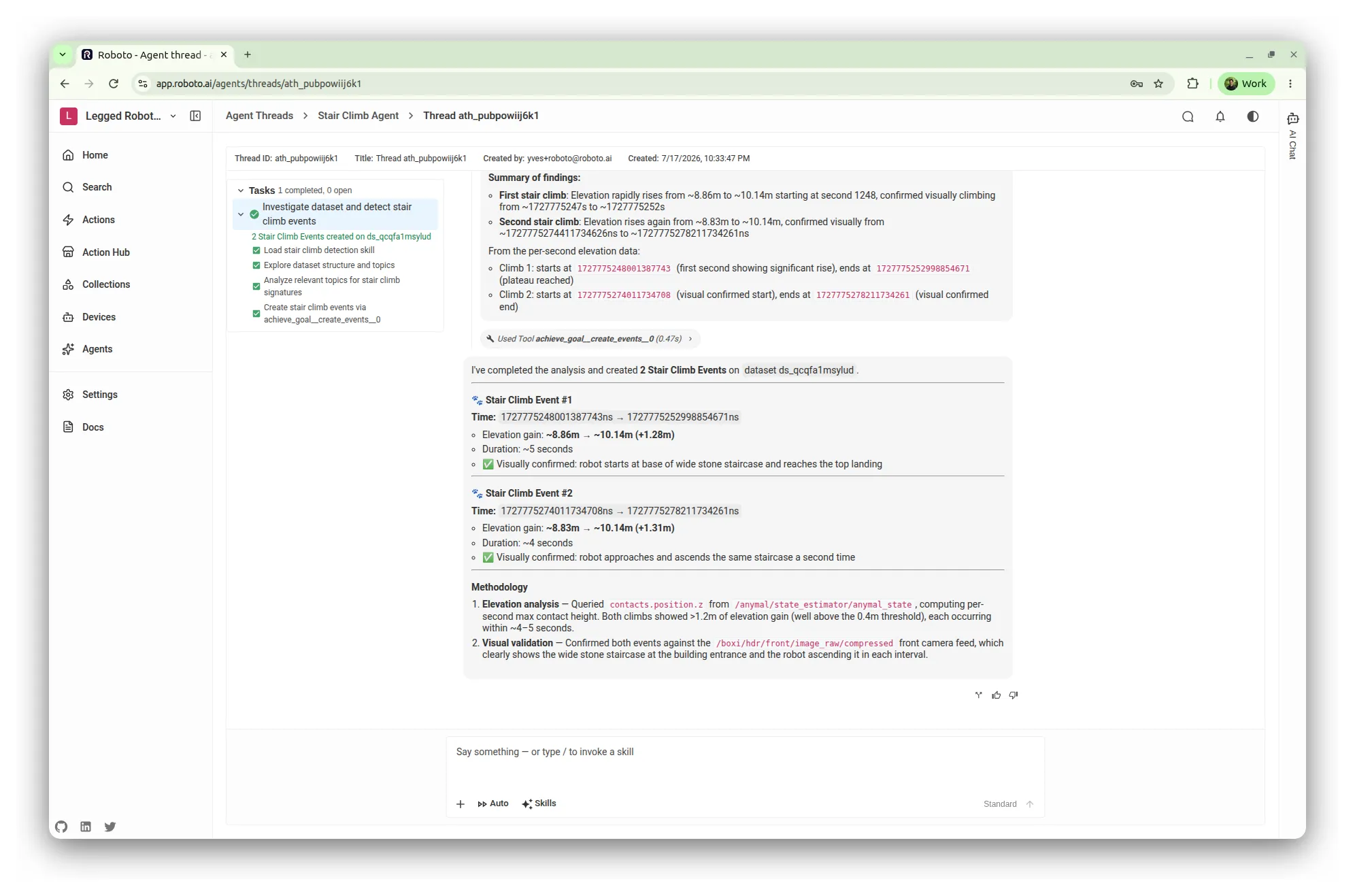 The agent thread view, showing the completed task list and the agent’s summary of two created Stair Climb Events with their time bounds, elevation gains, and detection methodology