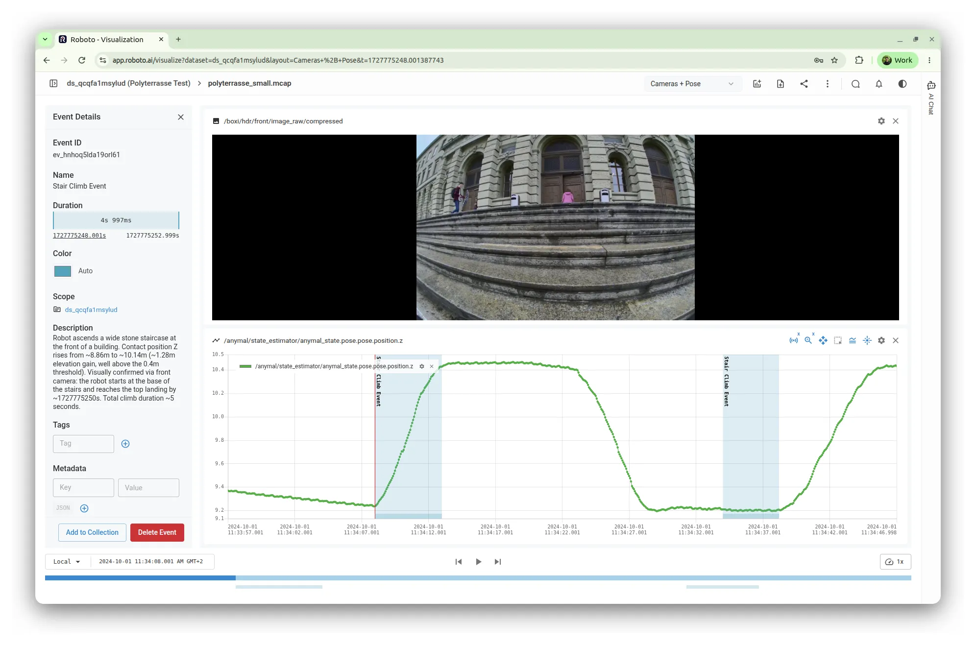 The visualizer on polyterrasse_small.mcap showing a created Stair Climb Event highlighted on the elevation plot, with the front camera at the staircase and the event details panel open