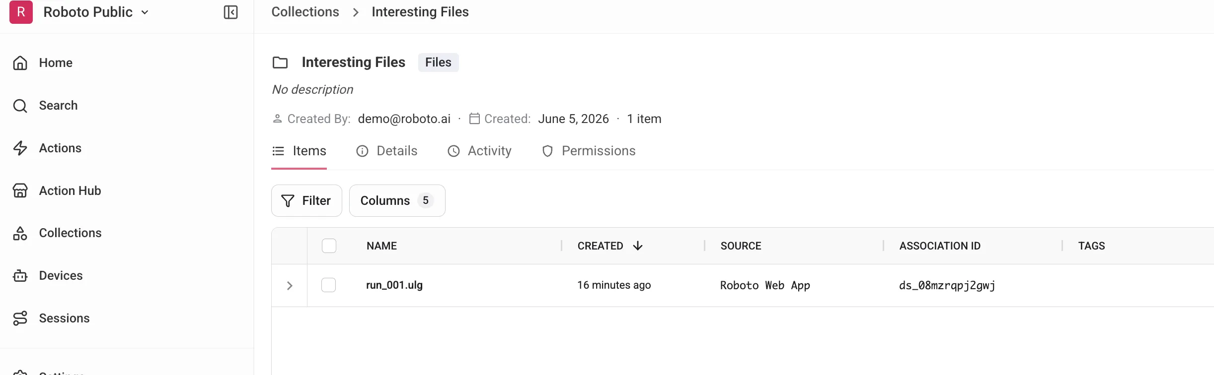The collection detail page showing the Items tab with a file listed, plus tabs for Details, Activity, and Permissions