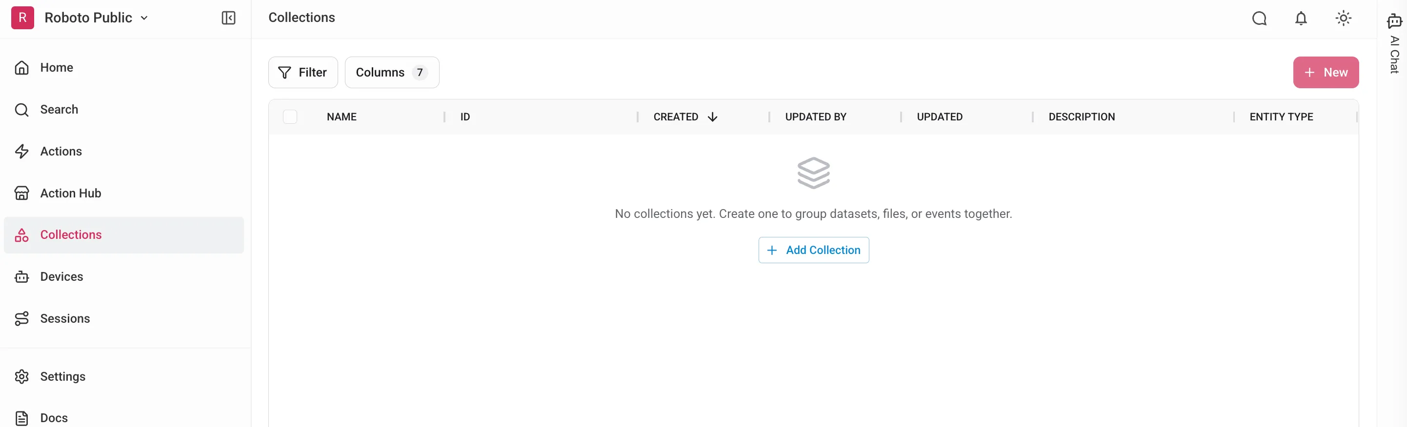 The empty Collections page, showing the list view with a “+ New” button in the top right