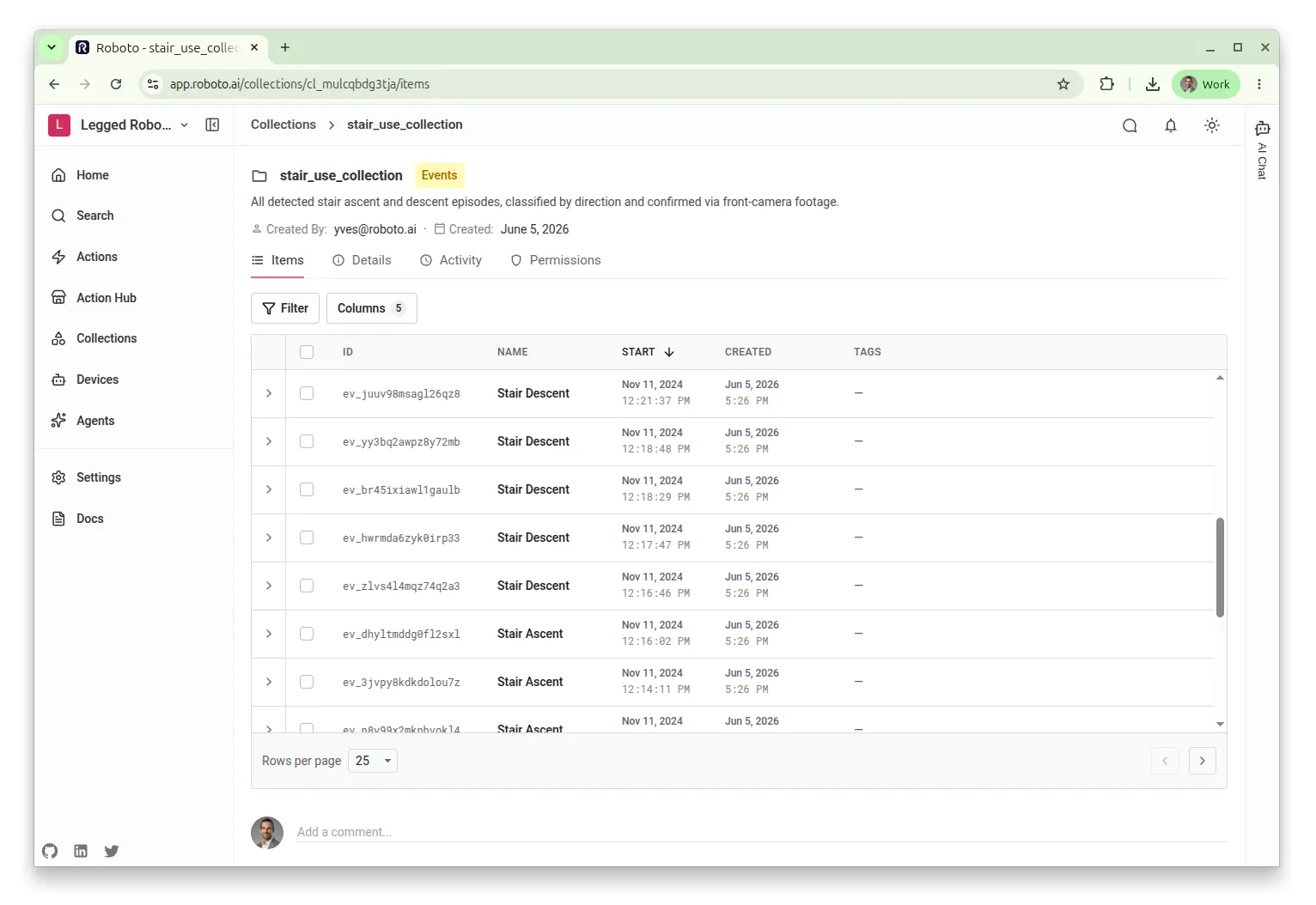 A Roboto event collection page listing the collection’s member events in a table. Each event becomes one episode in the output dataset.