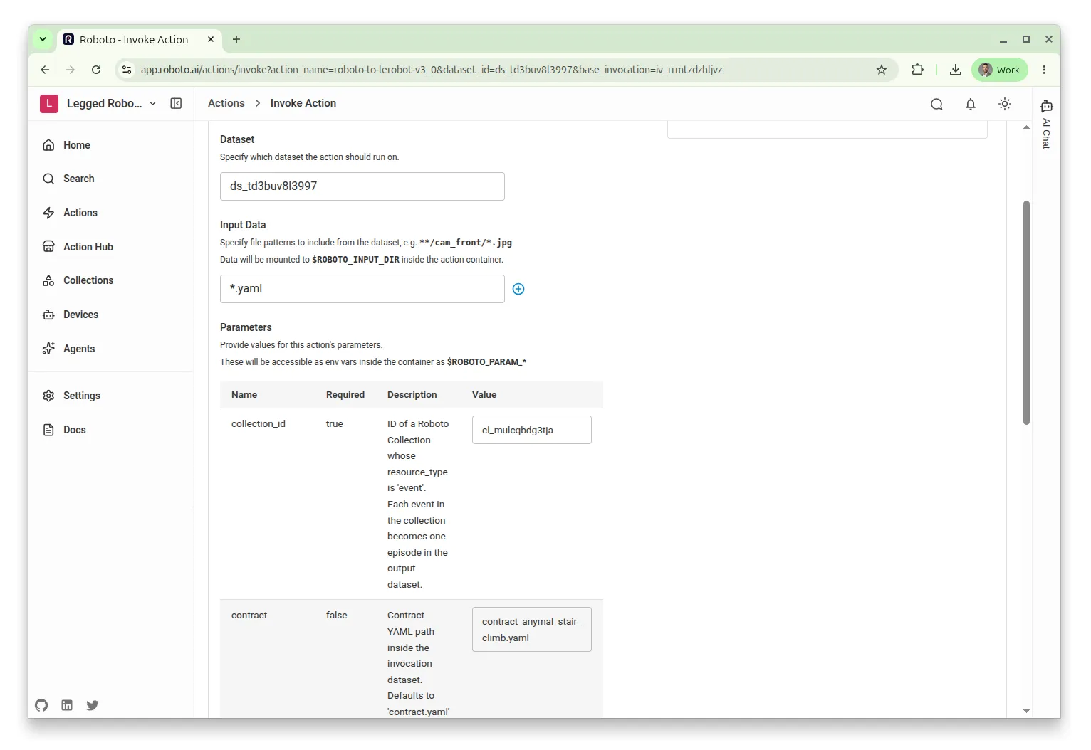 The Invoke Action form for roboto-to-lerobot-v3_0 in Roboto, showing the dataset field and the collection_id parameter filled in.
