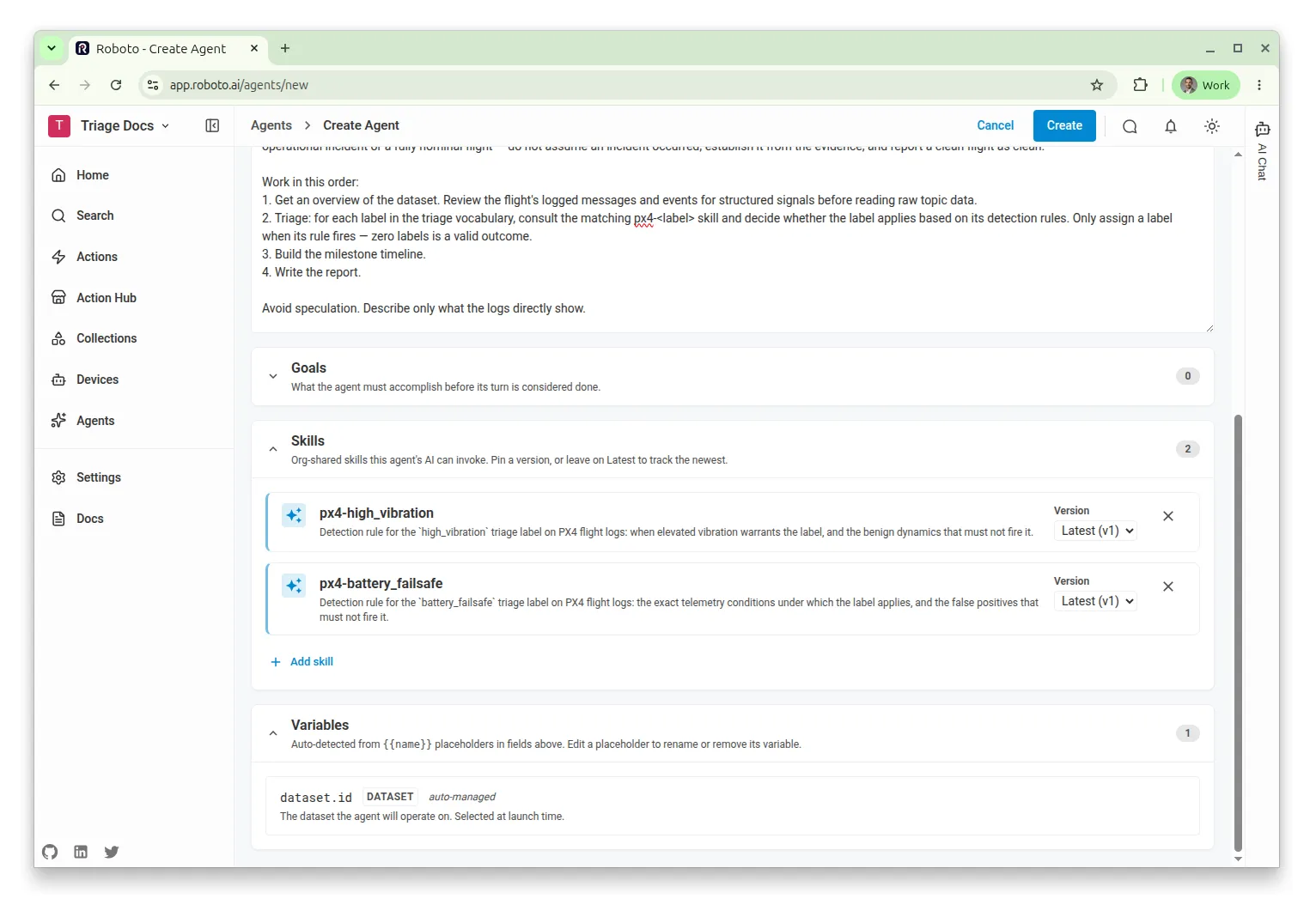 The Skills panel of the agent editor with both px4 detection-rule skills attached.