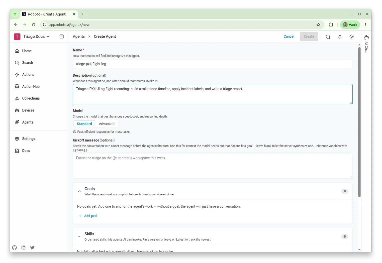 The agent editor with the triage-px4-flight-log name and description filled in.