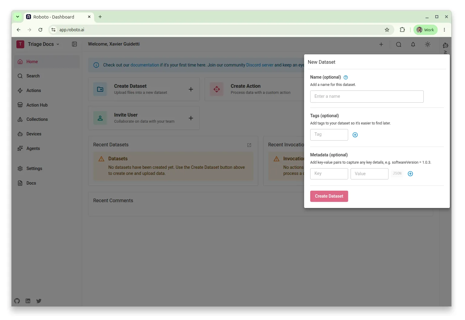 The “+” menu in the top navigation bar, open with the Create dataset option highlighted.