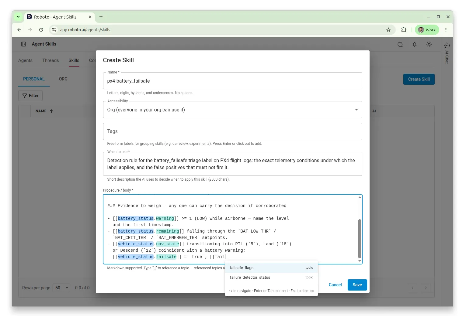 The Create Skill dialog with the px4-battery_failsafe name, description, and body filled in, topic references highlighted and the topic autocomplete menu open.