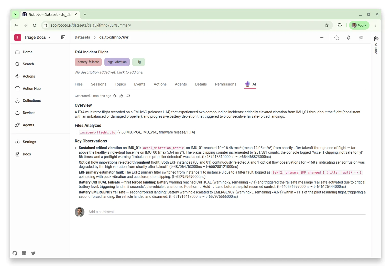 The dataset page showing the battery_failsafe and high_vibration tags and the generated triage report as the dataset summary.