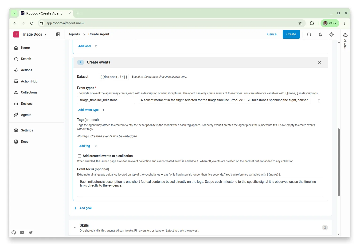 The Create events goal form with the triage_timeline_milestone event type defined.