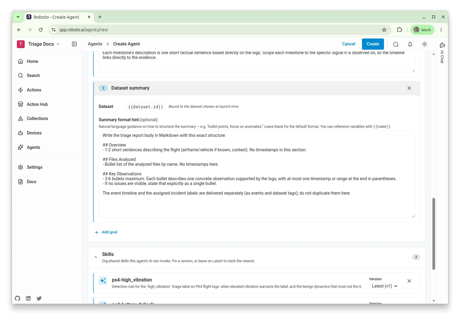 The Dataset summary goal form with the report format specification filled in.
