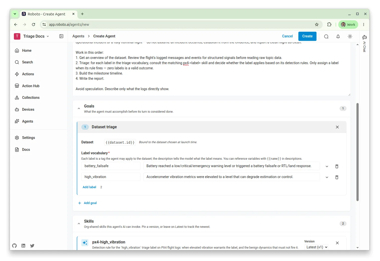The Dataset triage goal form with the battery_failsafe and high_vibration labels entered.