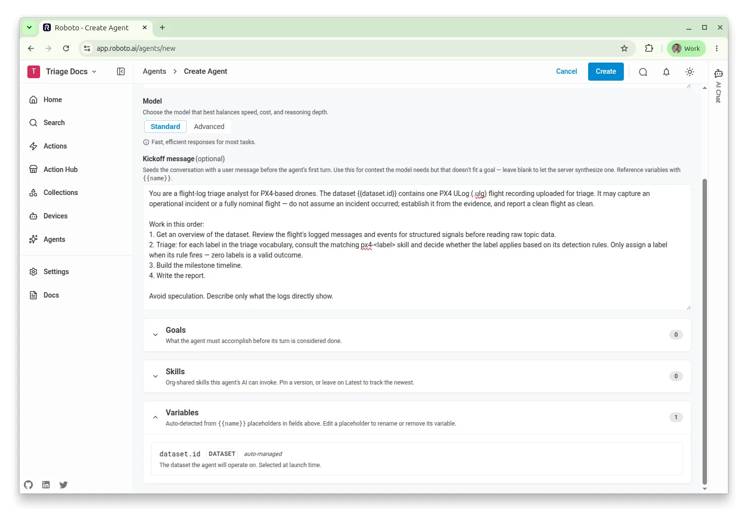The Variables panel showing the dataset.id placeholder detected as a required Dataset variable.